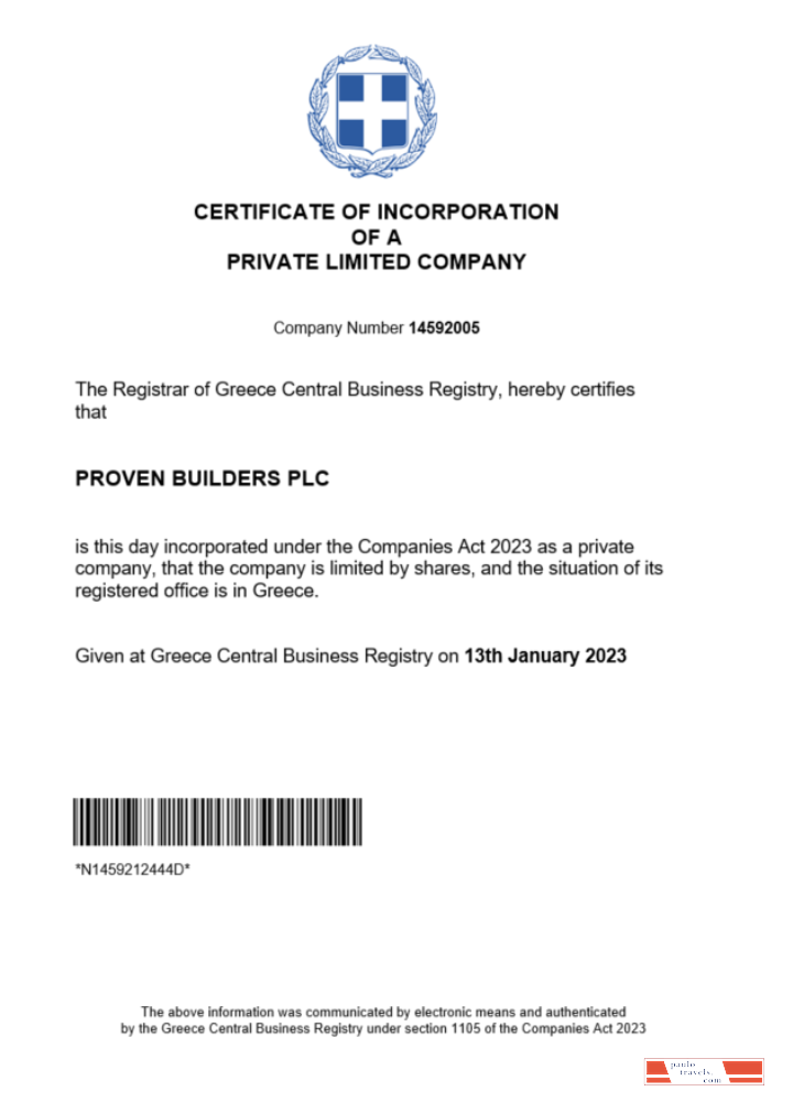 Greece certificate of registration Word and PDF template